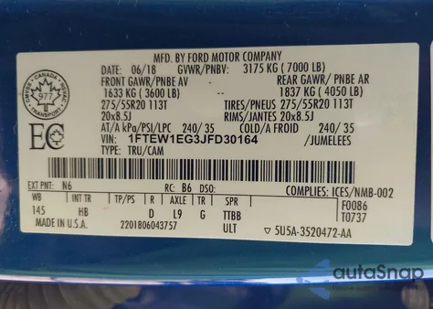 2018 Ford F-150 Lariat z USA, uszkodzony, nr VIN 1FTEW1EG3JFD30164